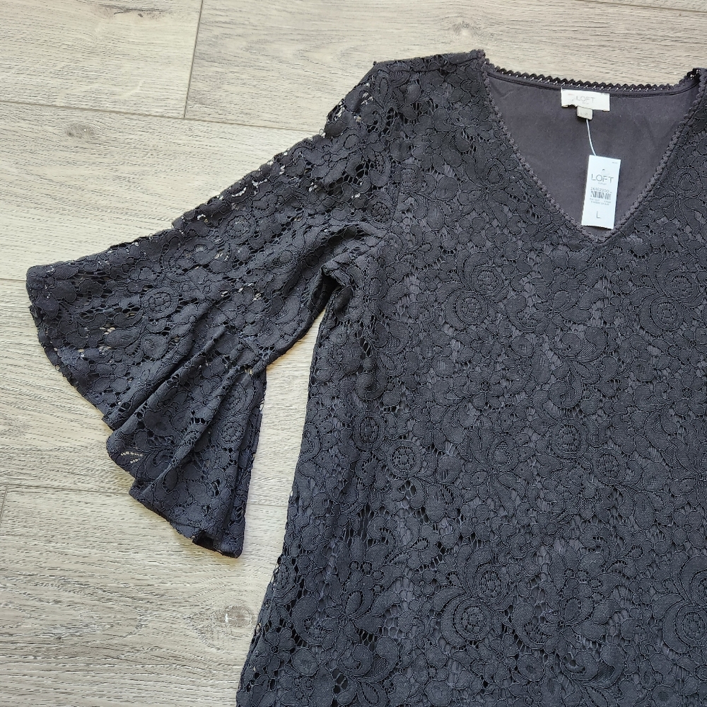 Loft Outlet Black Lace Top Womens Large Flare Sleeve V Neck Dressy Business - Picture 2 of 11